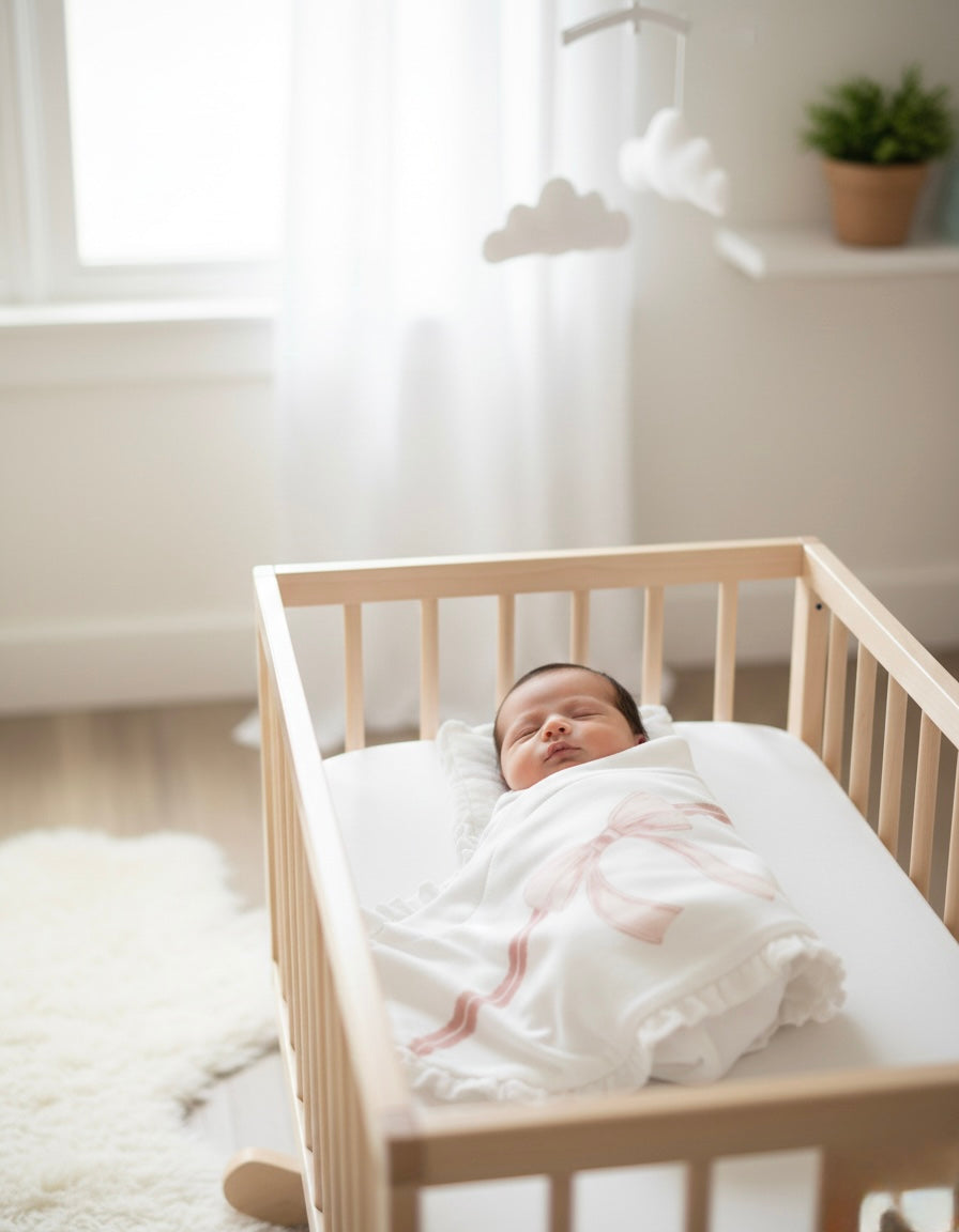 White baby blanket with pink bow detail