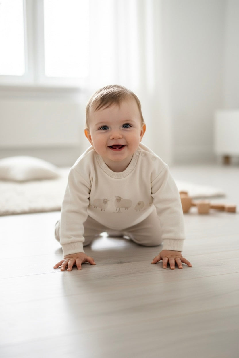 Soft baby sweatshirt and pants set with lamb design