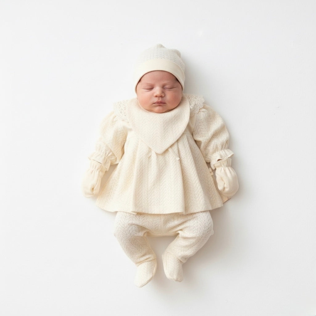 Soft cream baby outfit bundle including top, pants, hat, bib, and mittens