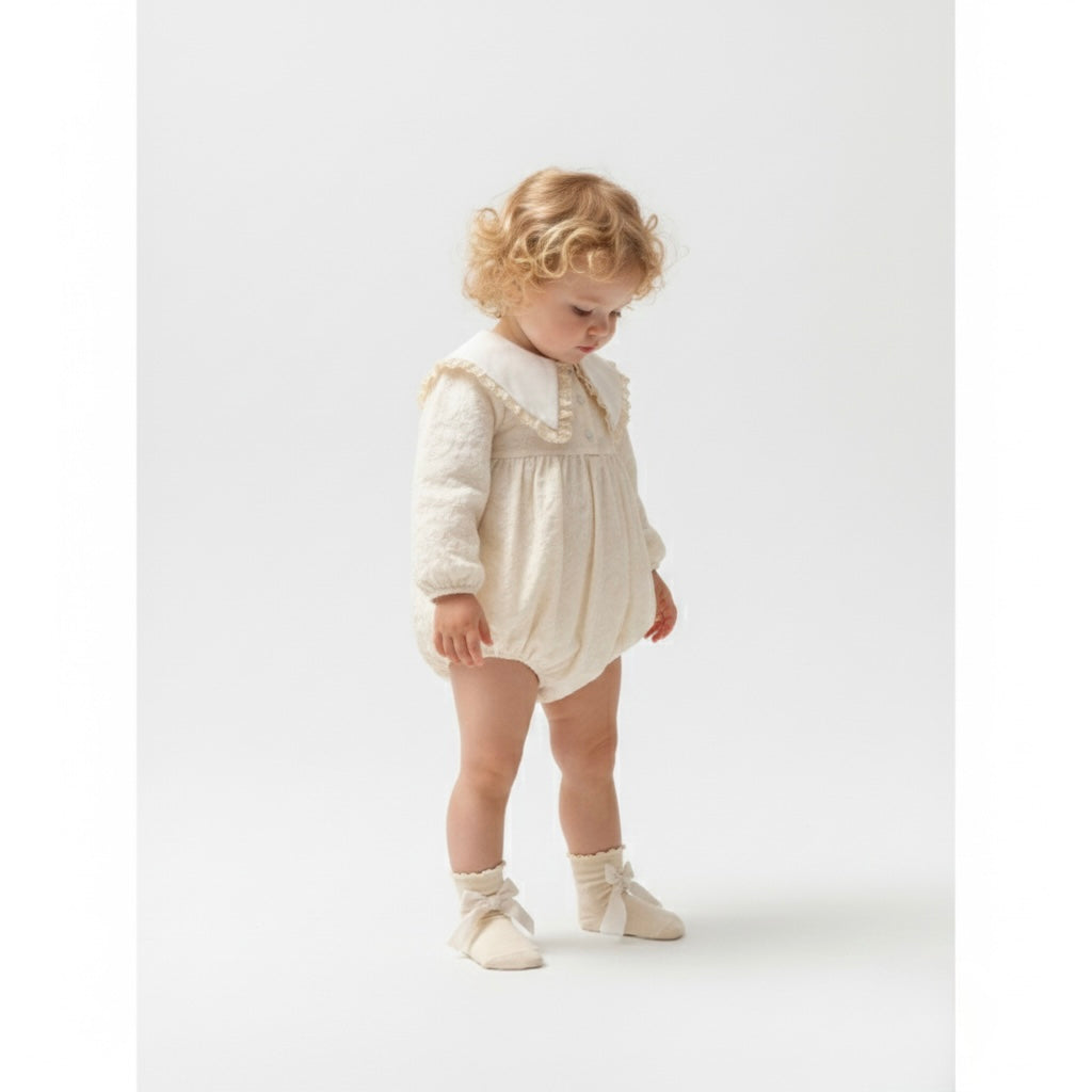 vintage style lace baby romper with peter pan collar and socks