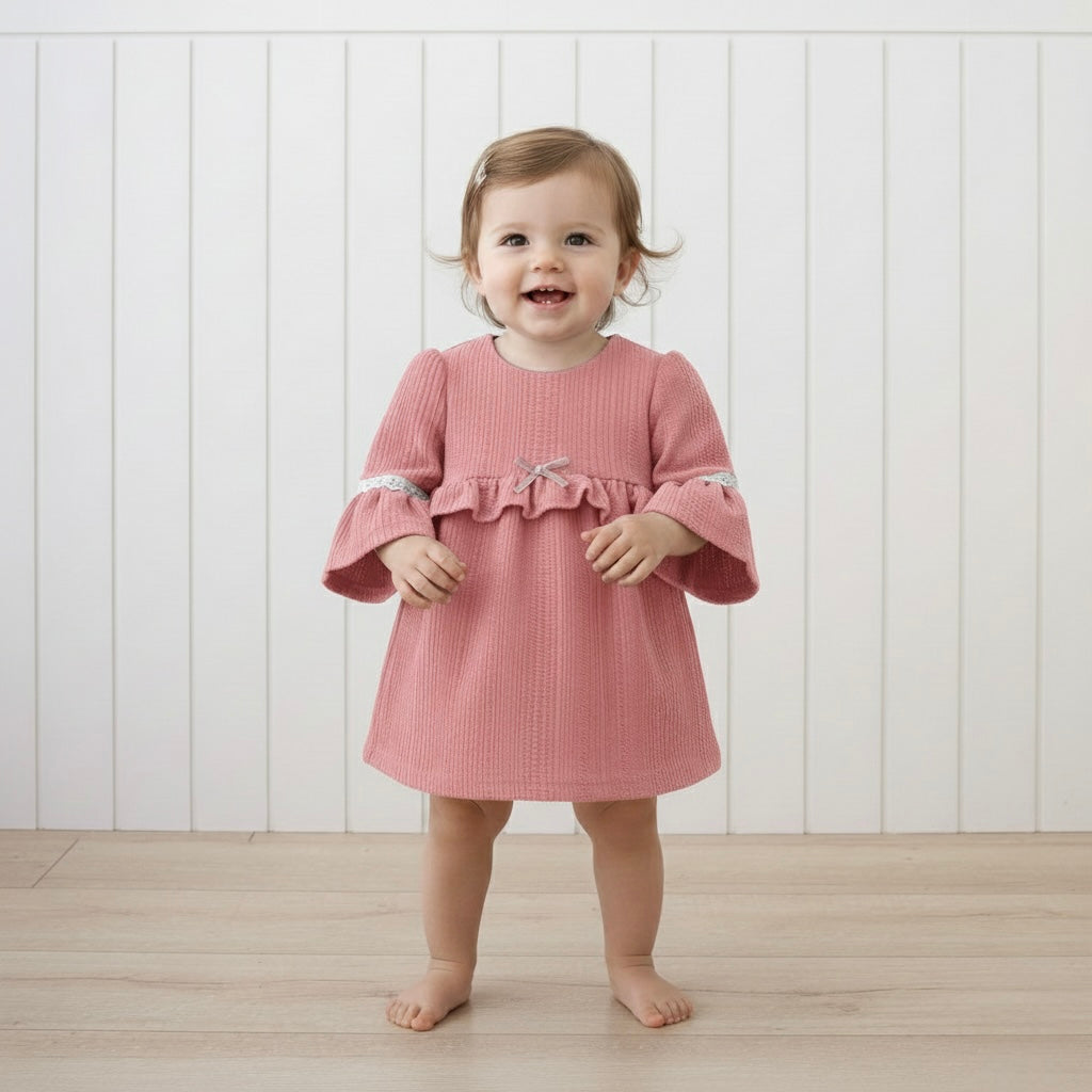 soft blue baby girl dress with lace trim collar