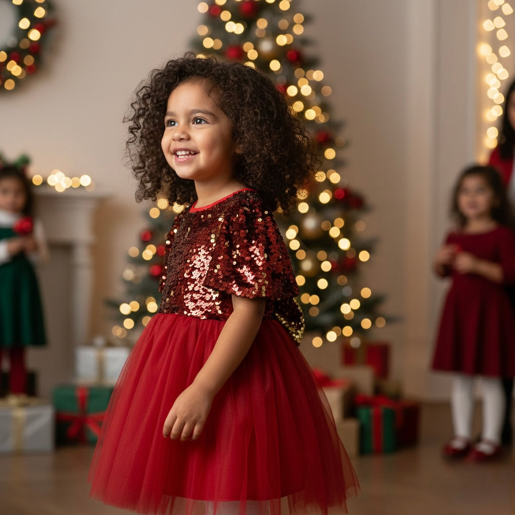 Red sequin tulle party dress for girls with short sleeves