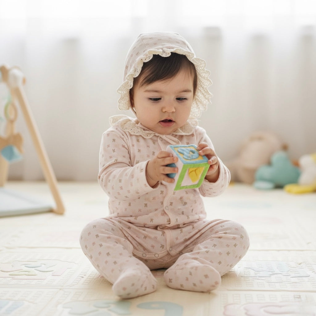 Soft cotton newborn outfit with lace trim by Honey and Hive