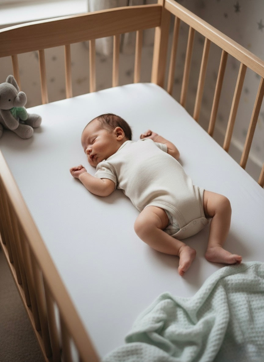 Short sleeve white baby onesie with soft pastel pattern