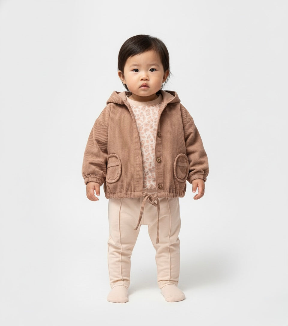 Neutral 3-piece baby set in sand tones with soft cotton pants and corduroy jacket