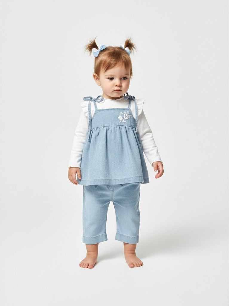Light denim baby girl outfit with pinafore dress, white top, and matching pants