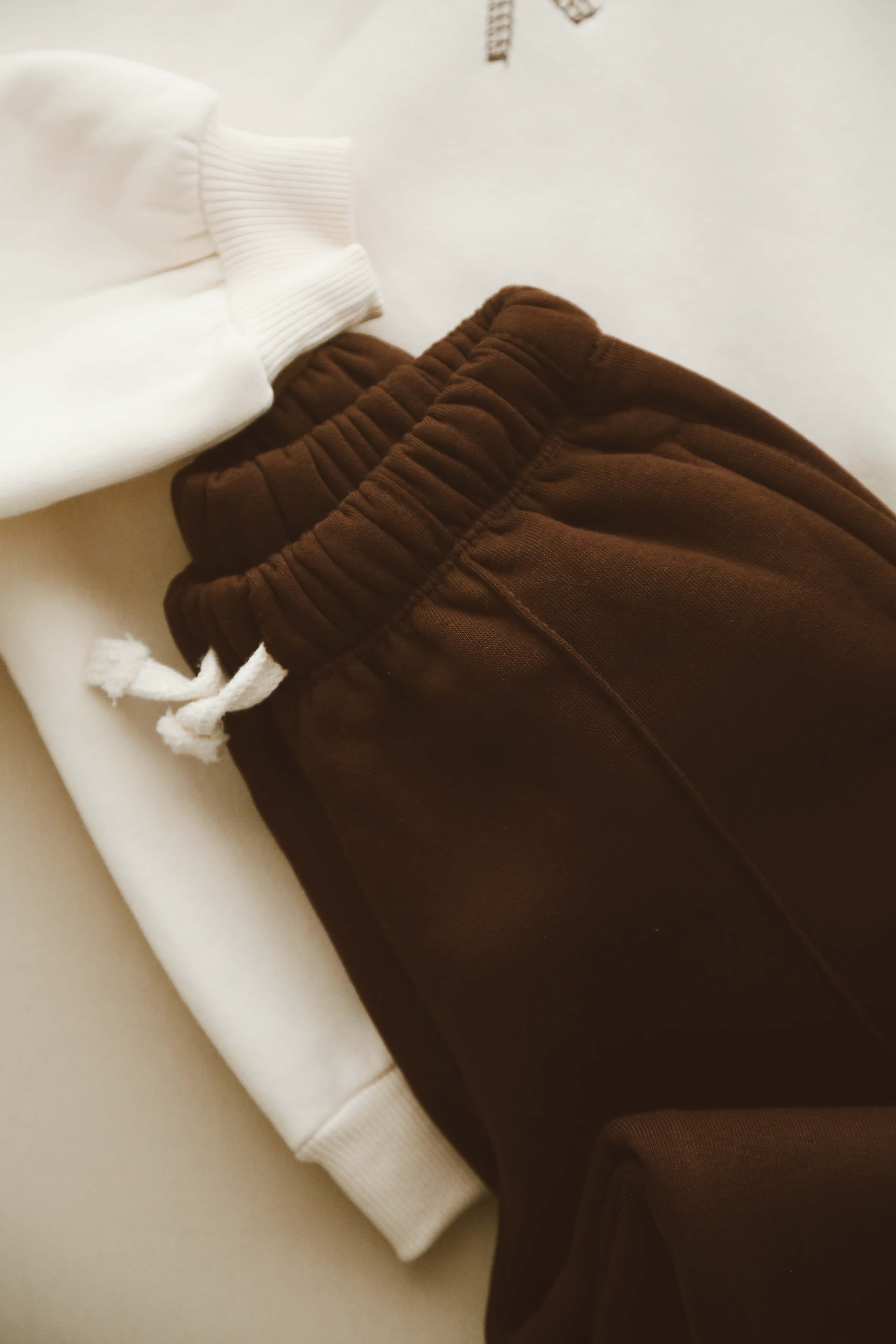 Minimalist brown and cream baby outfit, made in Turkey