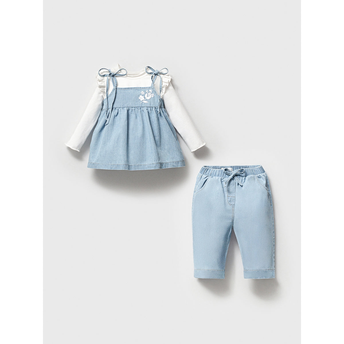 3-piece baby girl denim set with embroidered dress and ruffle-sleeve shirt.