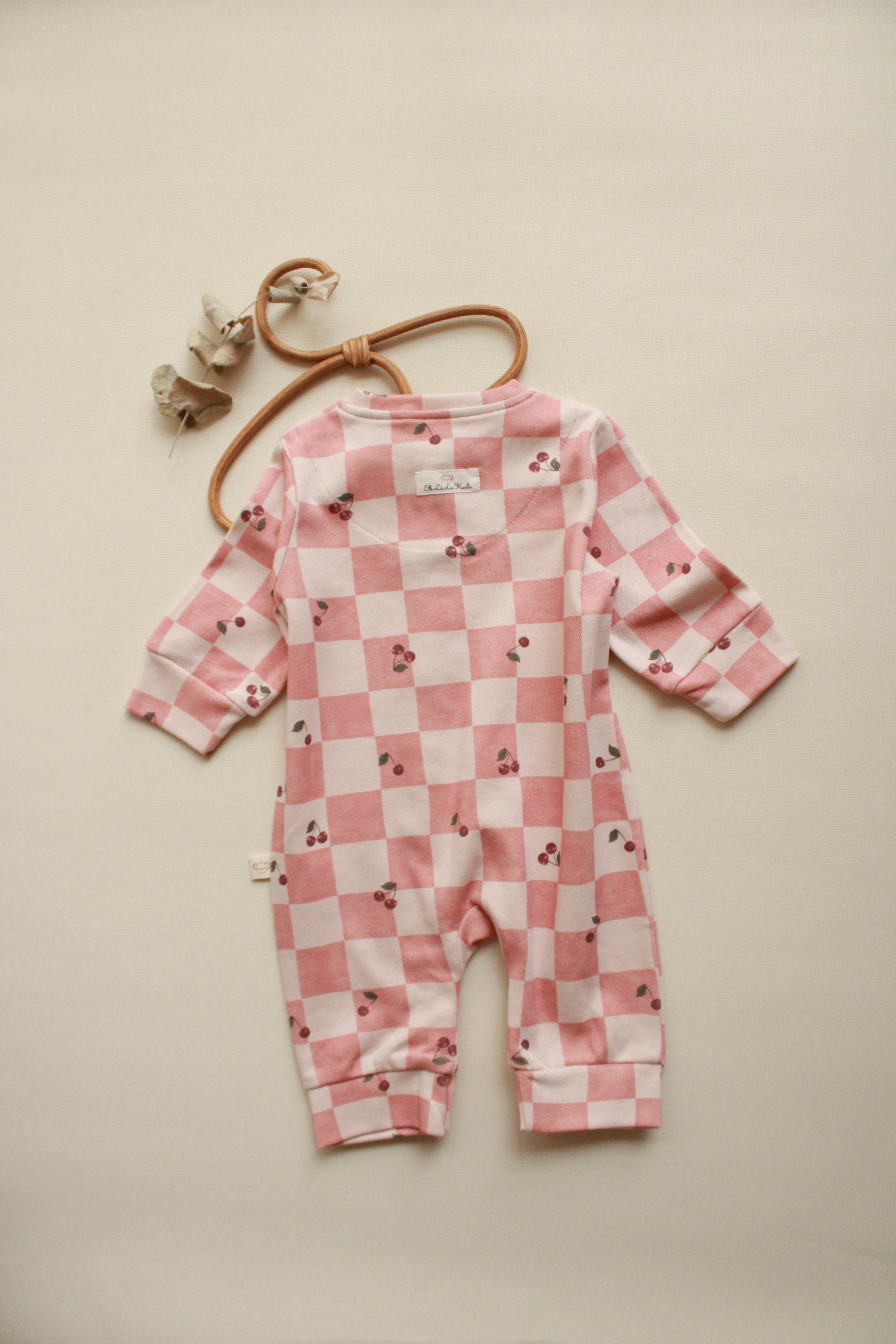 Soft cotton plaid baby onesie with cherry print