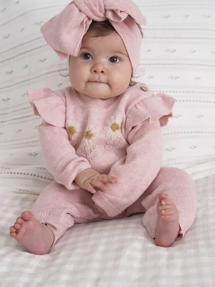 Baby girl knit jumpsuit featuring floral embroidery and flutter sleeves