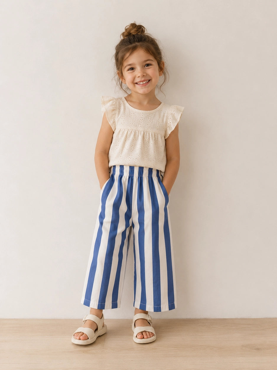 Organic blue stripe wide-leg kids pants with elastic waistband.