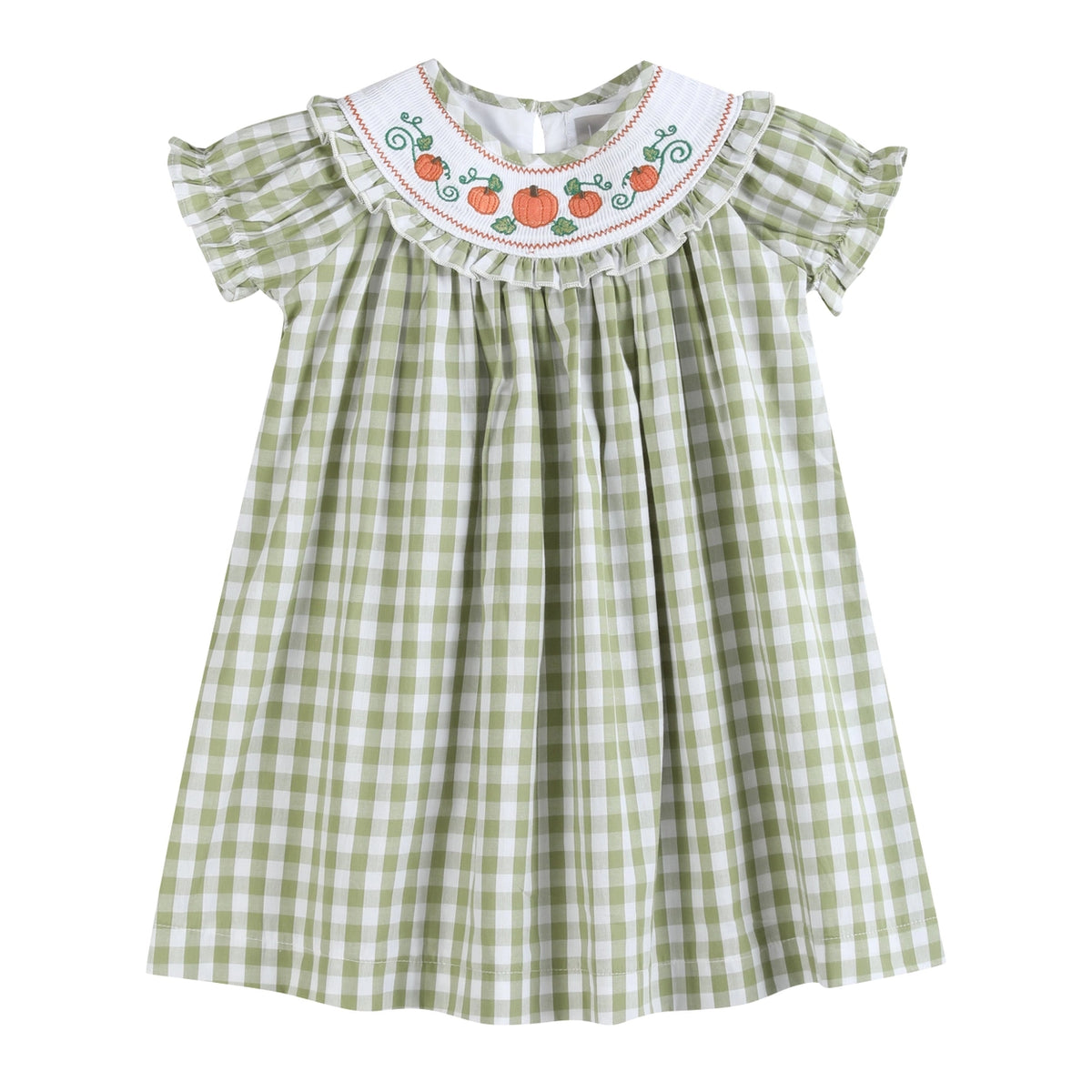 baby girl sage green gingham dress with embroidered pumpkins
