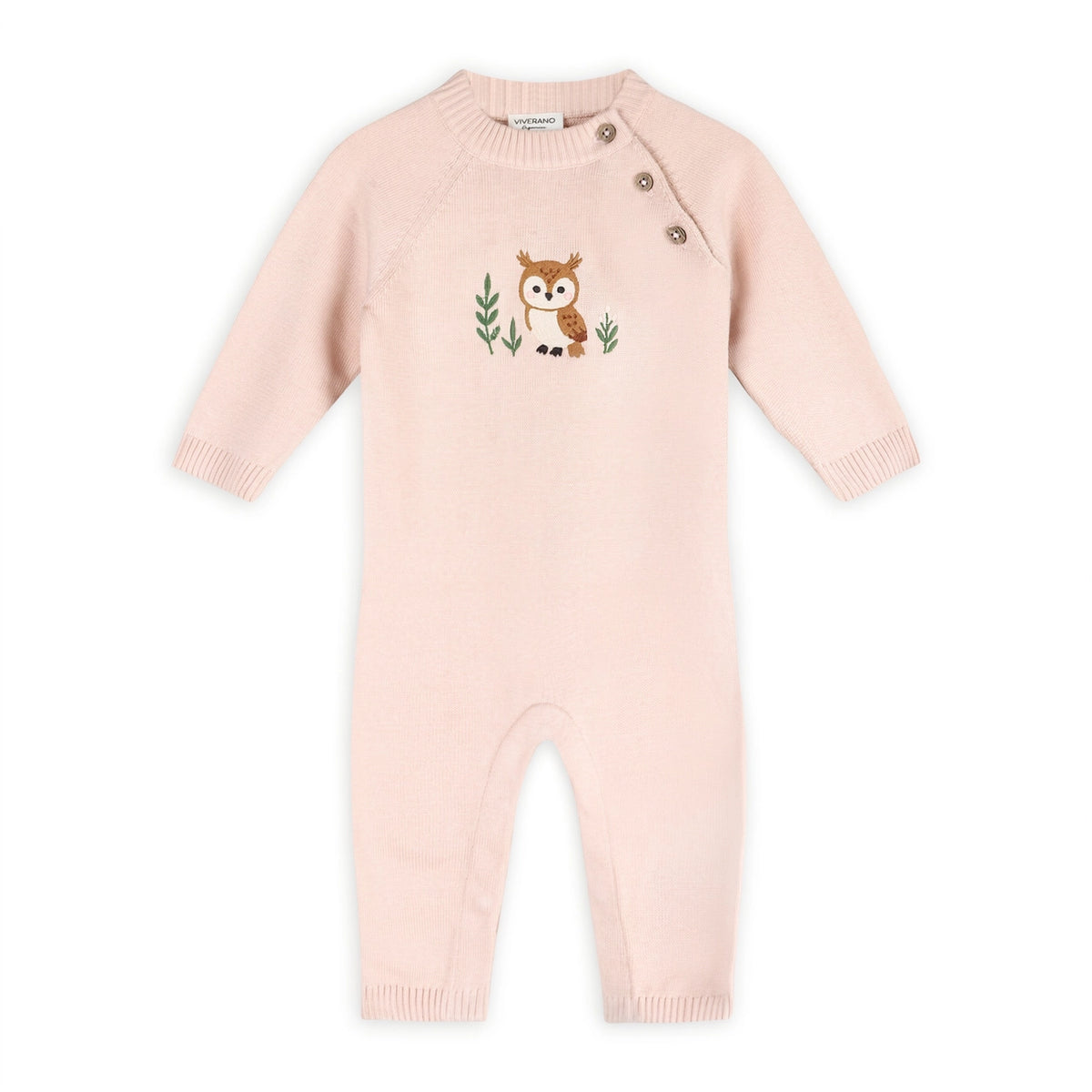 Pink organic cotton baby jumpsuit with embroidered brown owl and green foliage