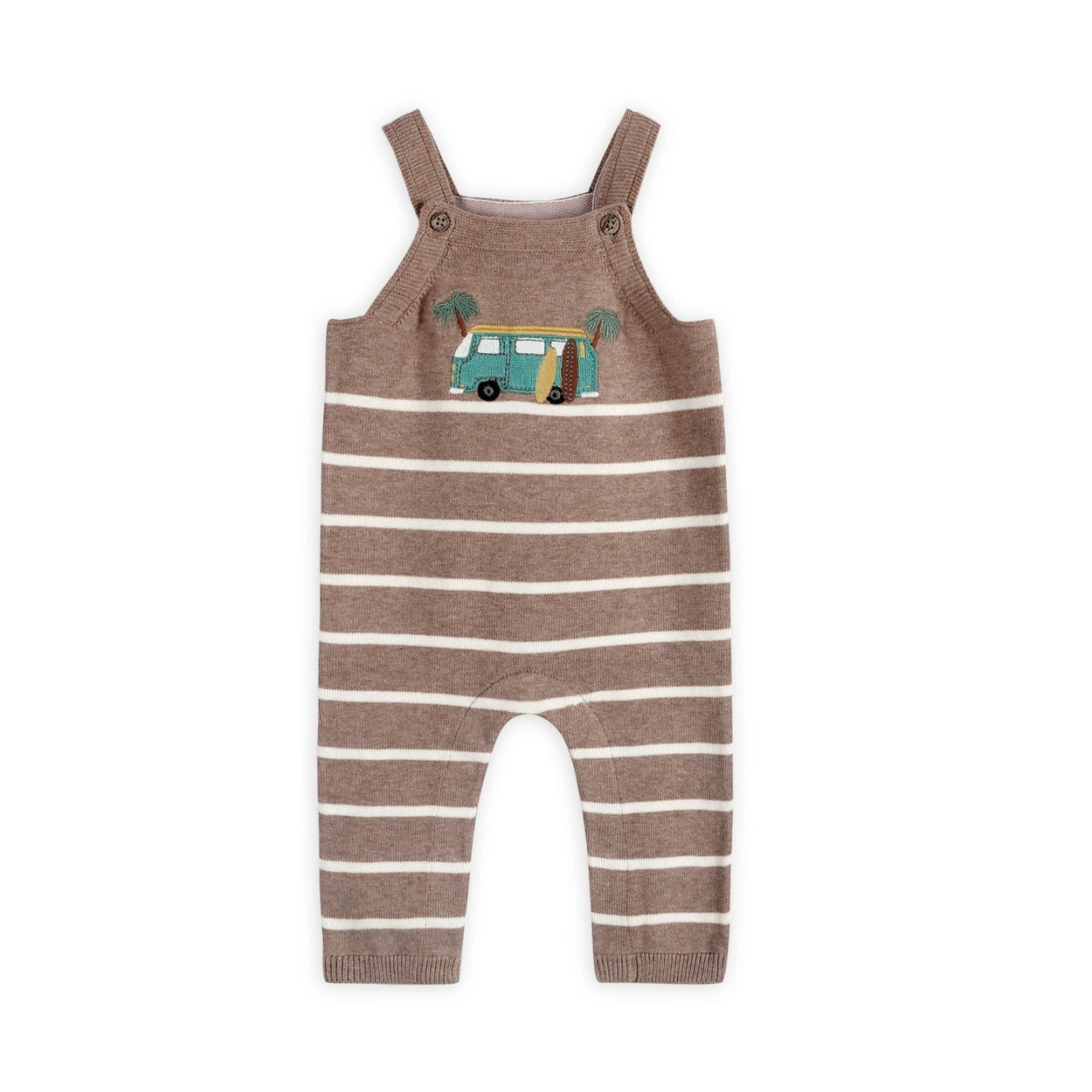 Soft striped baby overalls with embroidered surf van and long sleeve shirt.