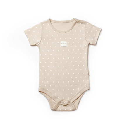 Brown short sleeve polka dot baby bodysuit, breathable organic cotton outfit for toddlers.