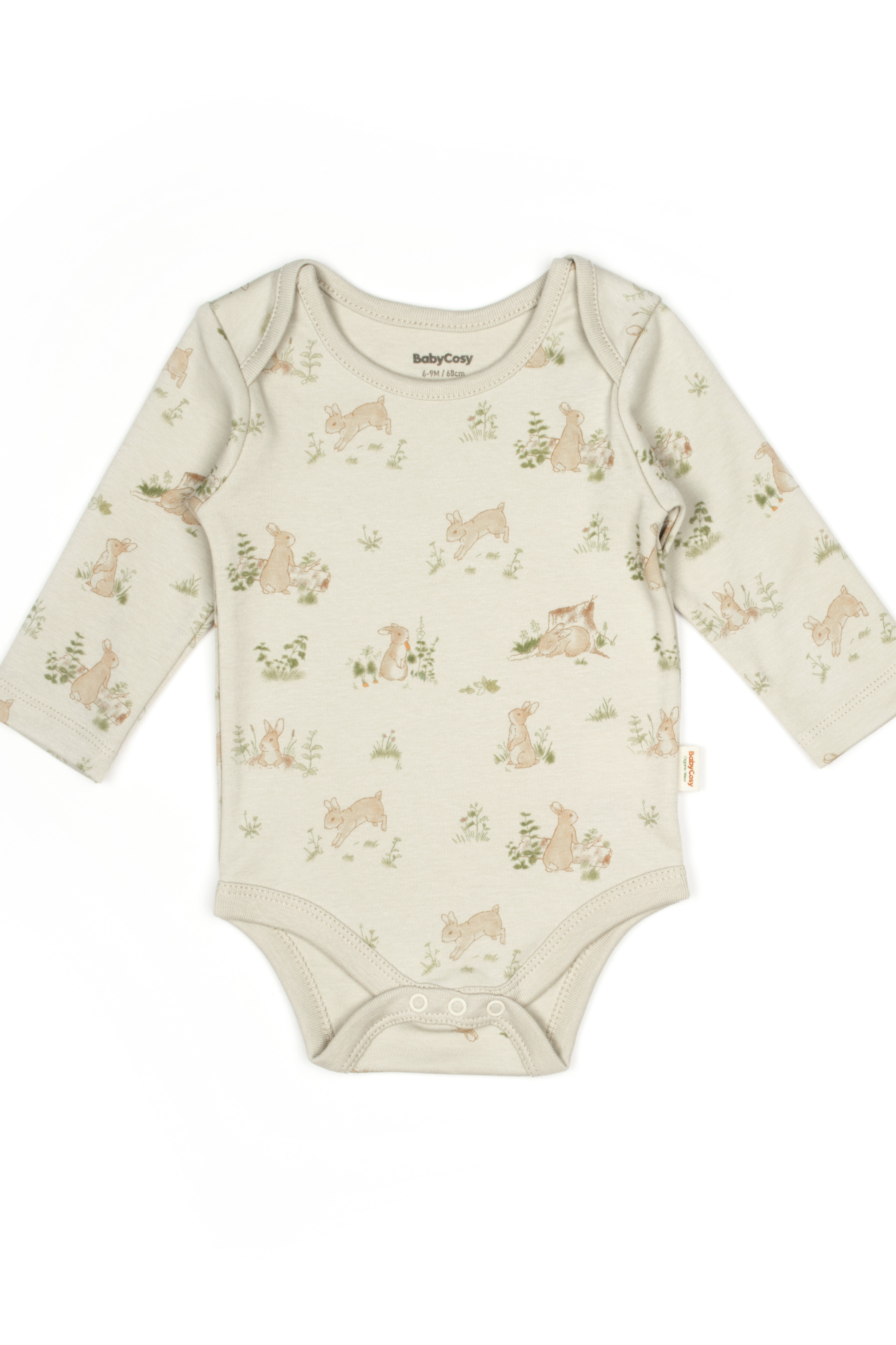 Bunny long sleeve baby bodysuit made from 100% organic cotton, cozy infant outfit.
