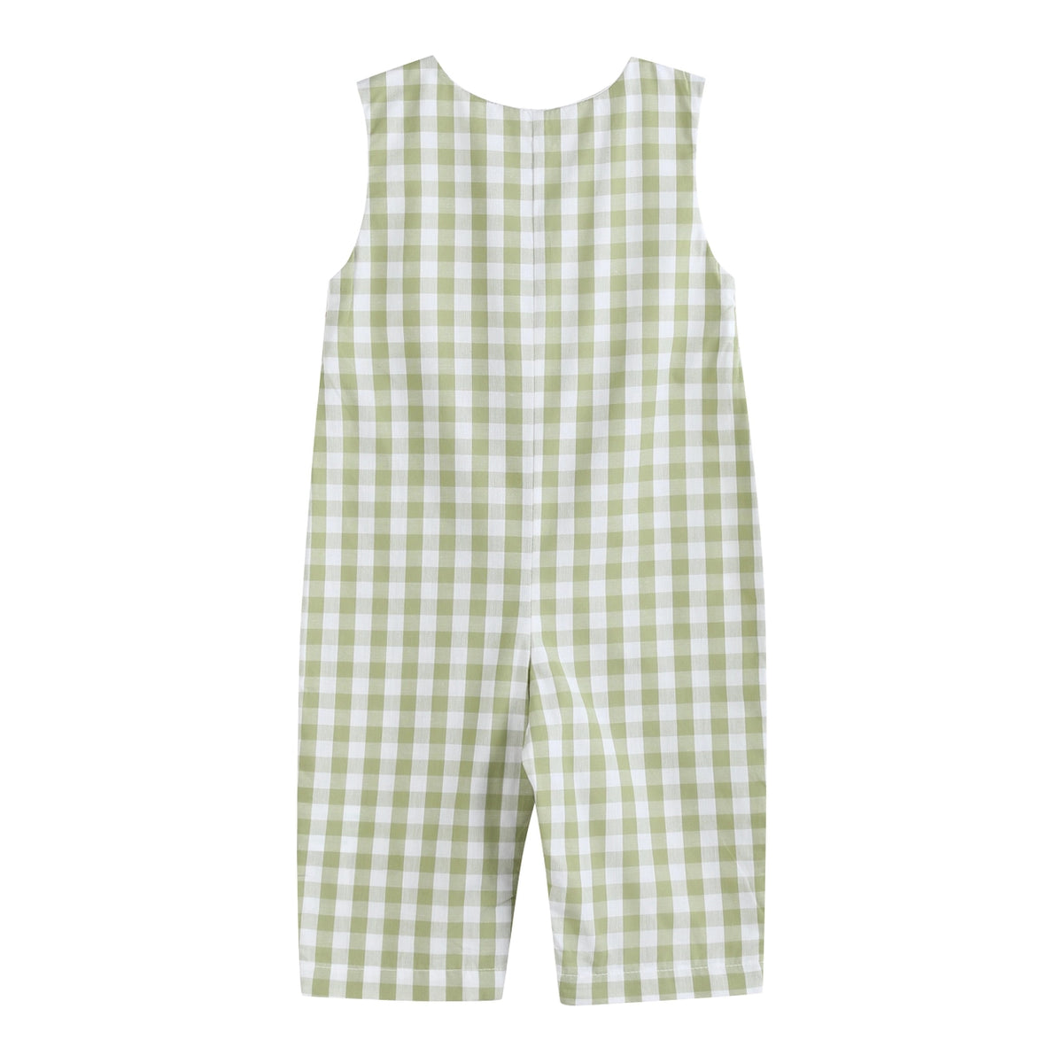 sage green gingham pumpkin overalls with adjustable shoulder buttons and snap closures