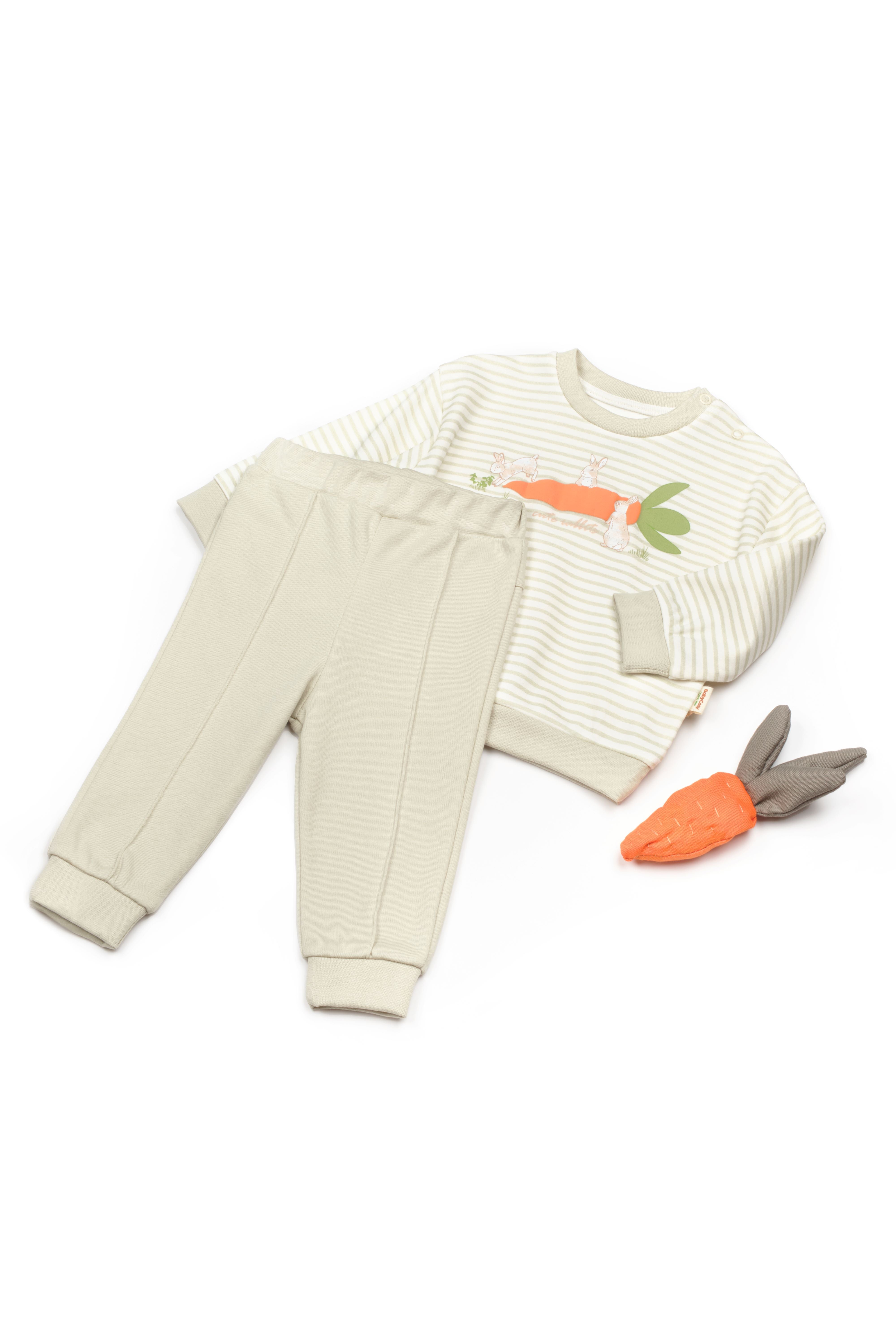 Carrot 2 piece baby clothing set, breathable organic cotton outfit for newborns and toddlers.