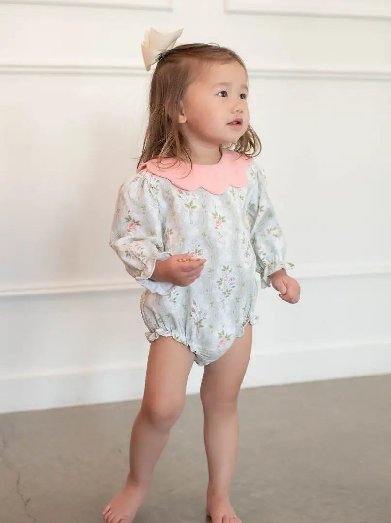 Girls vintage floral bubble romper with pink scalloped collar