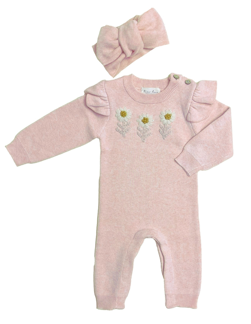 Organic cotton baby outfit with matching pink bow headband.