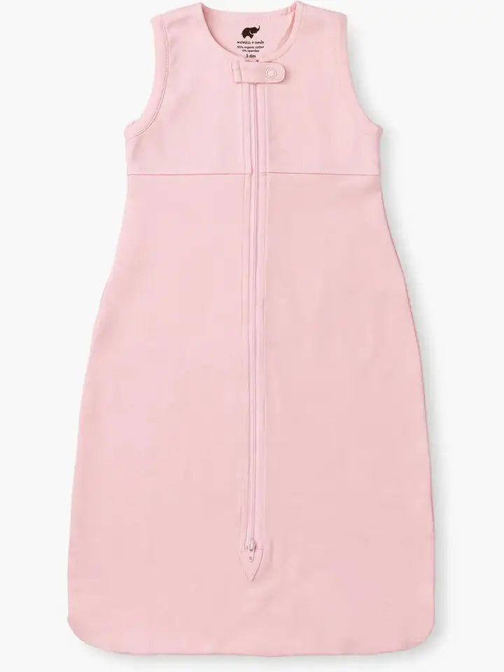 Organic cotton pink baby sleep sack with full-length zipper and sleeveless design.