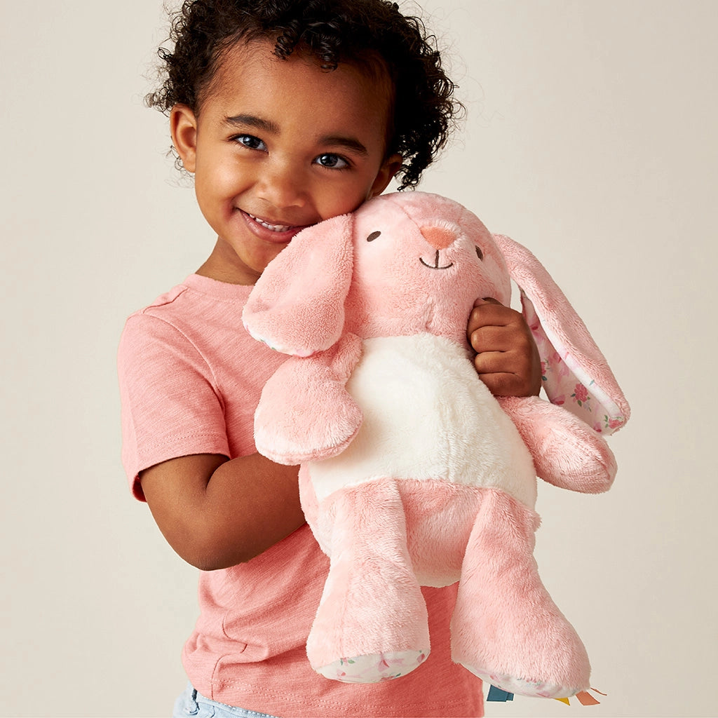 Soft baby bunny plush with colorful sensory ribbons