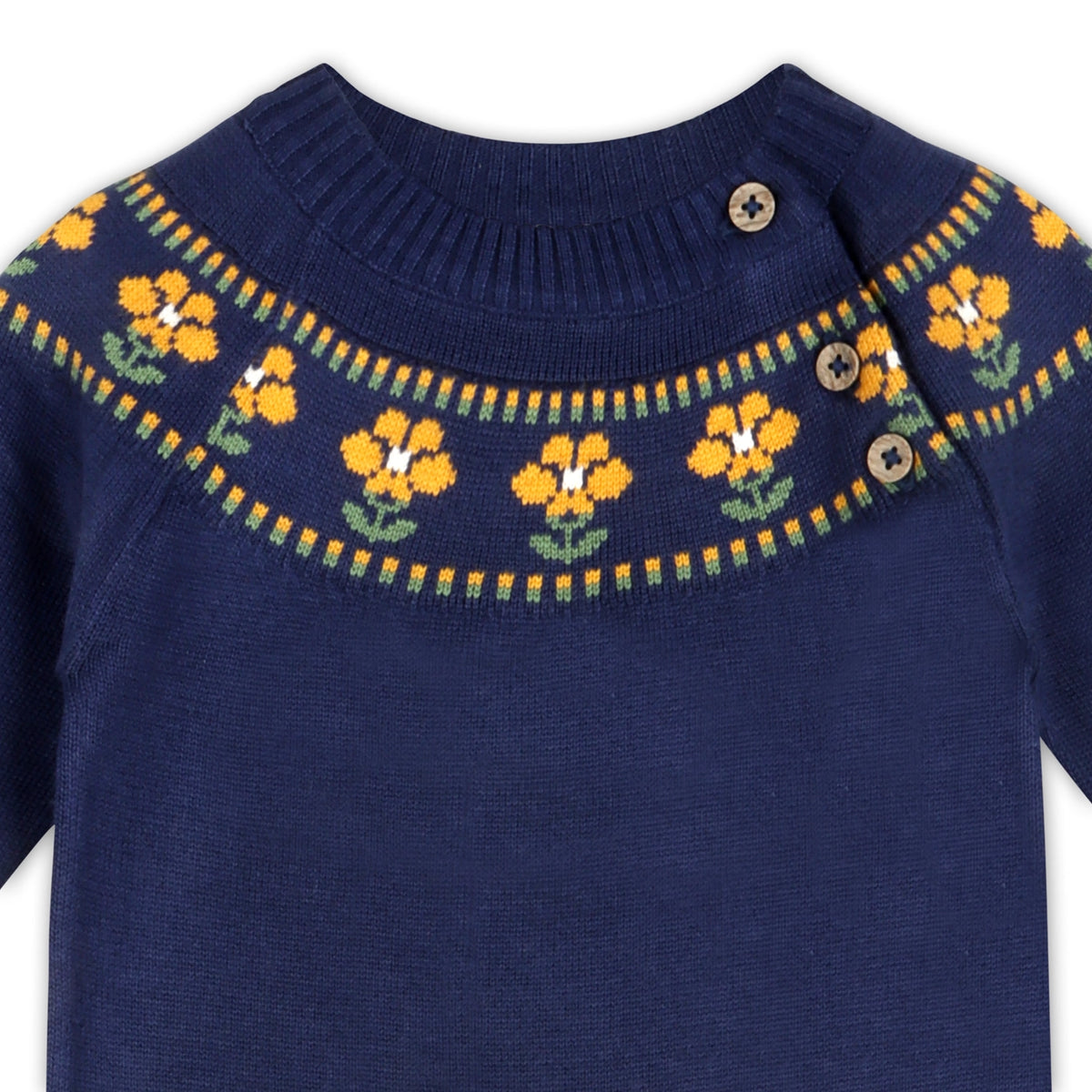 Navy blue knitted baby jumpsuit in organic cotton with yellow floral details and long sleeves
