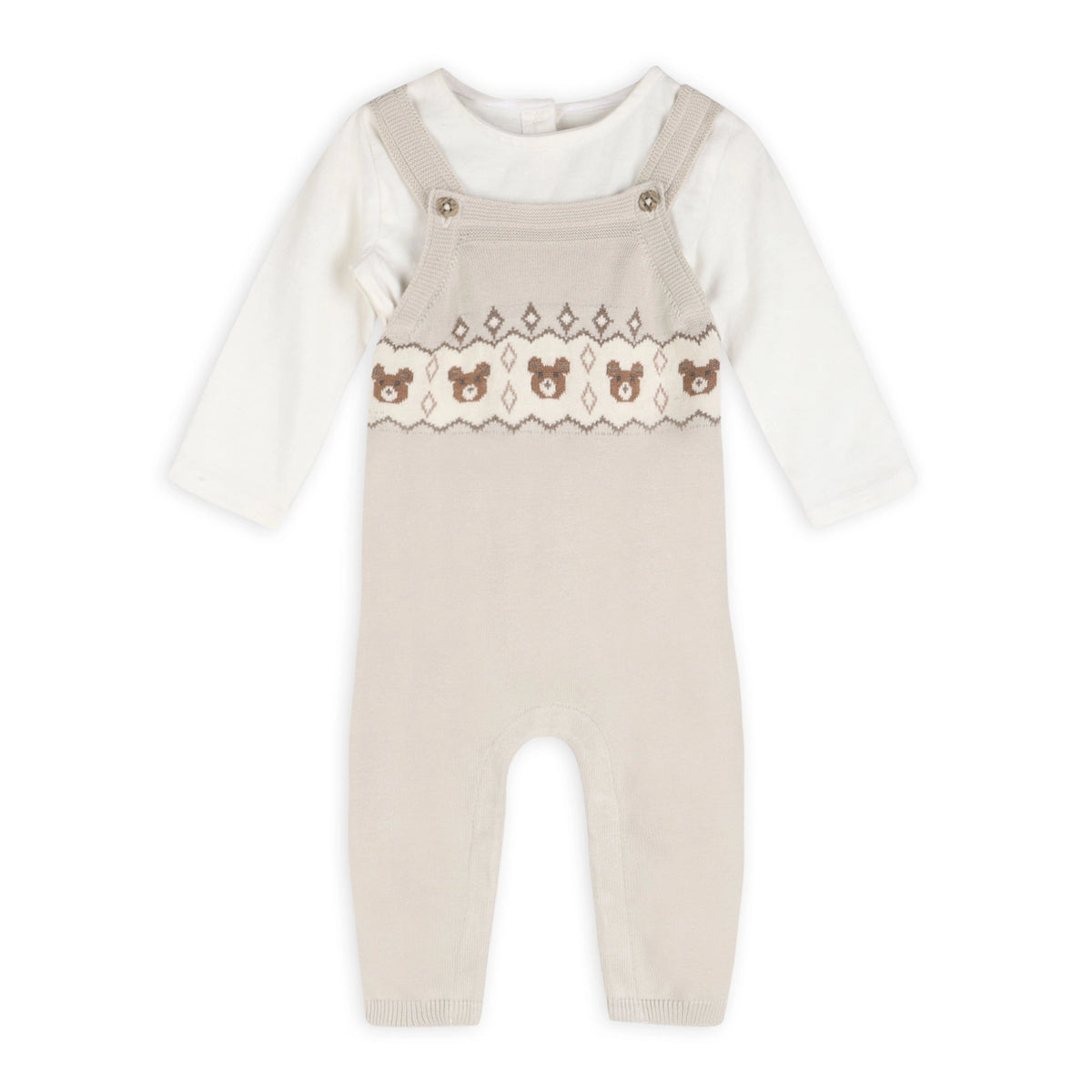 beige knitted baby overalls featuring adjustable shoulder straps and wooden-style buttons