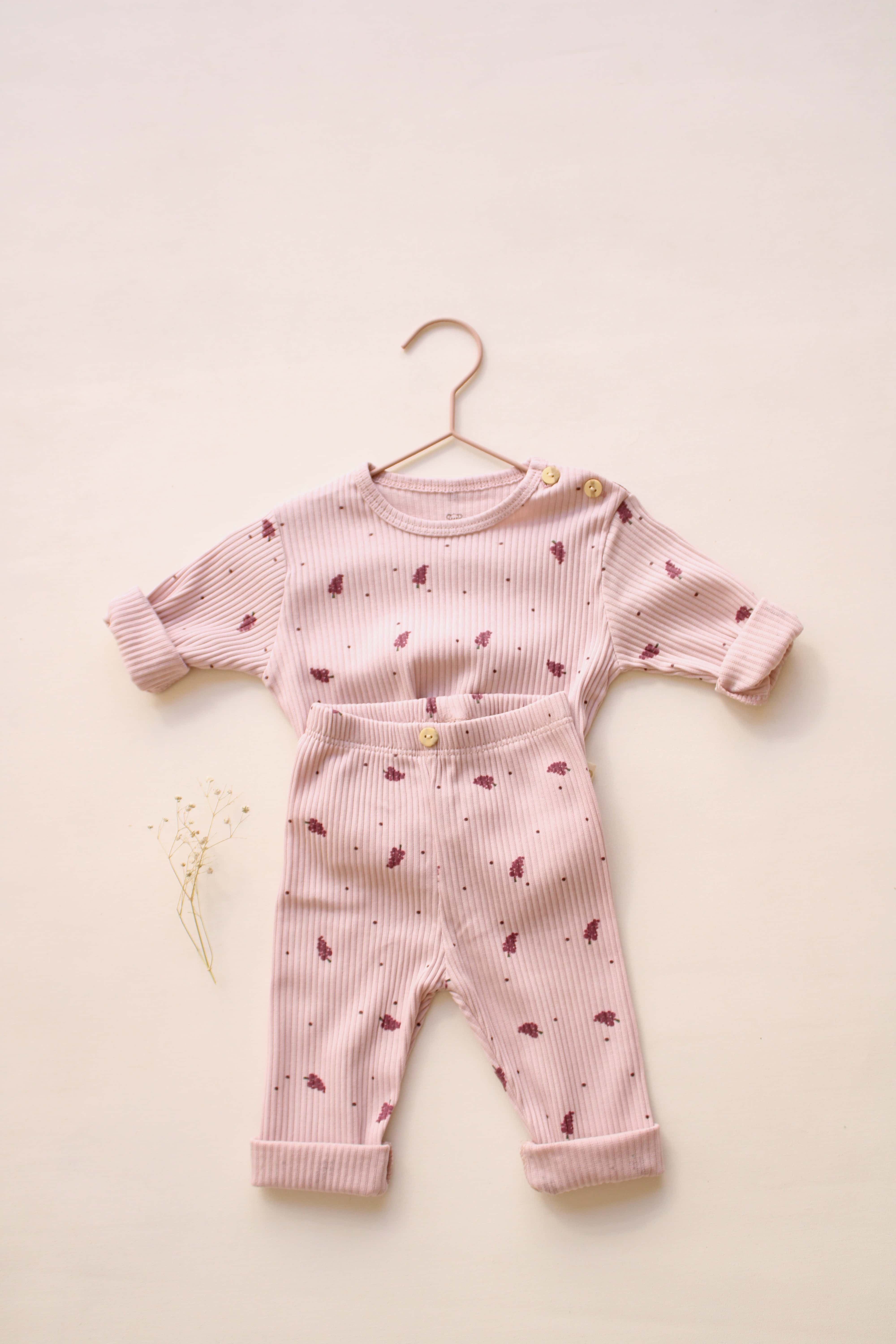 Grape print baby clothing set, two piece organic cotton outfit perfect for newborns.