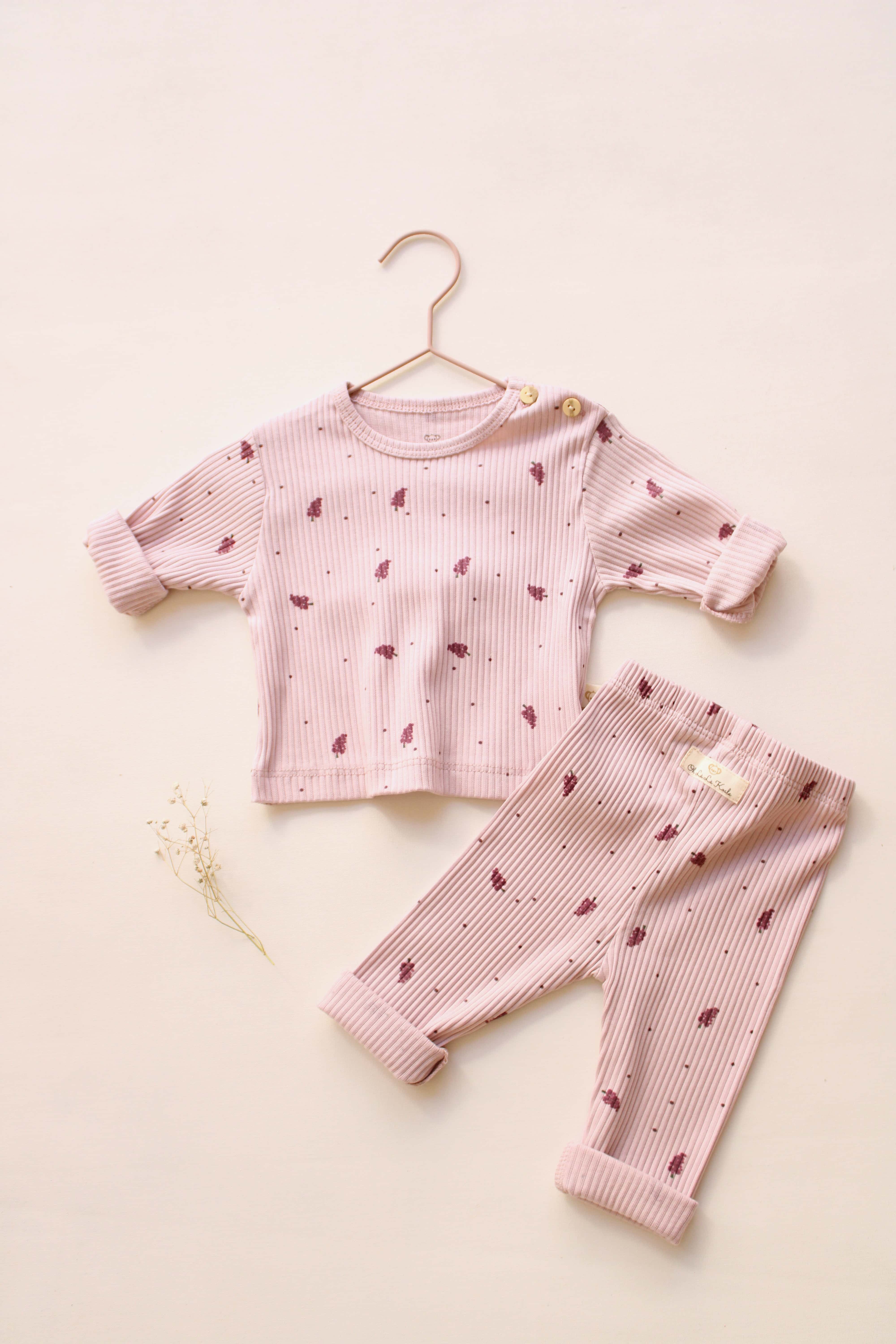 Cute grape design two piece baby outfit, comfortable cotton clothing for everyday wear.