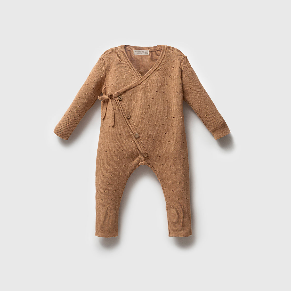 Knit breathable organic brown baby kimono, soft cotton outfit perfect for newborns and toddlers