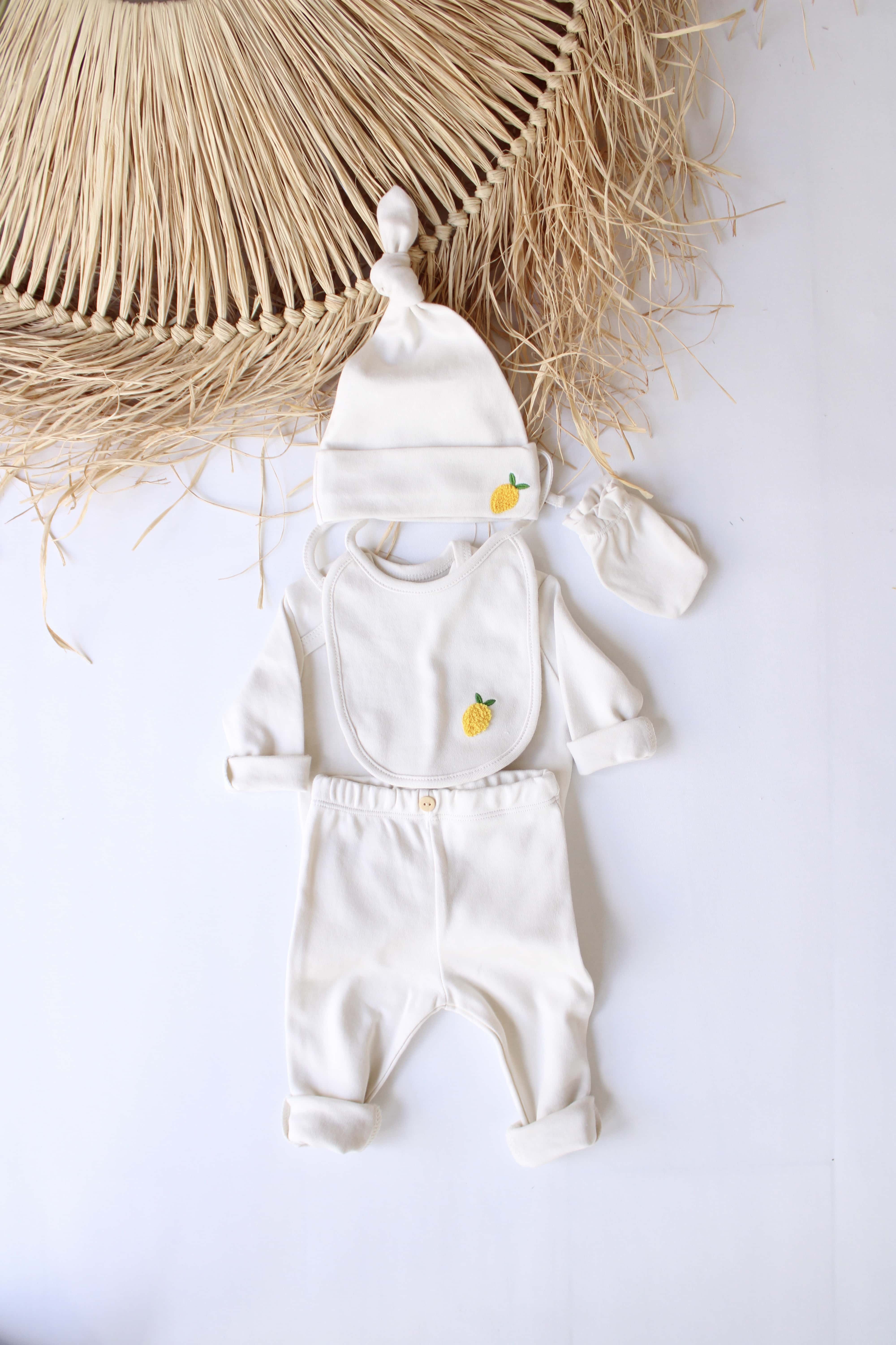 Unisex lemon design 5 piece baby set, cozy cotton newborn essentials perfect for gifting