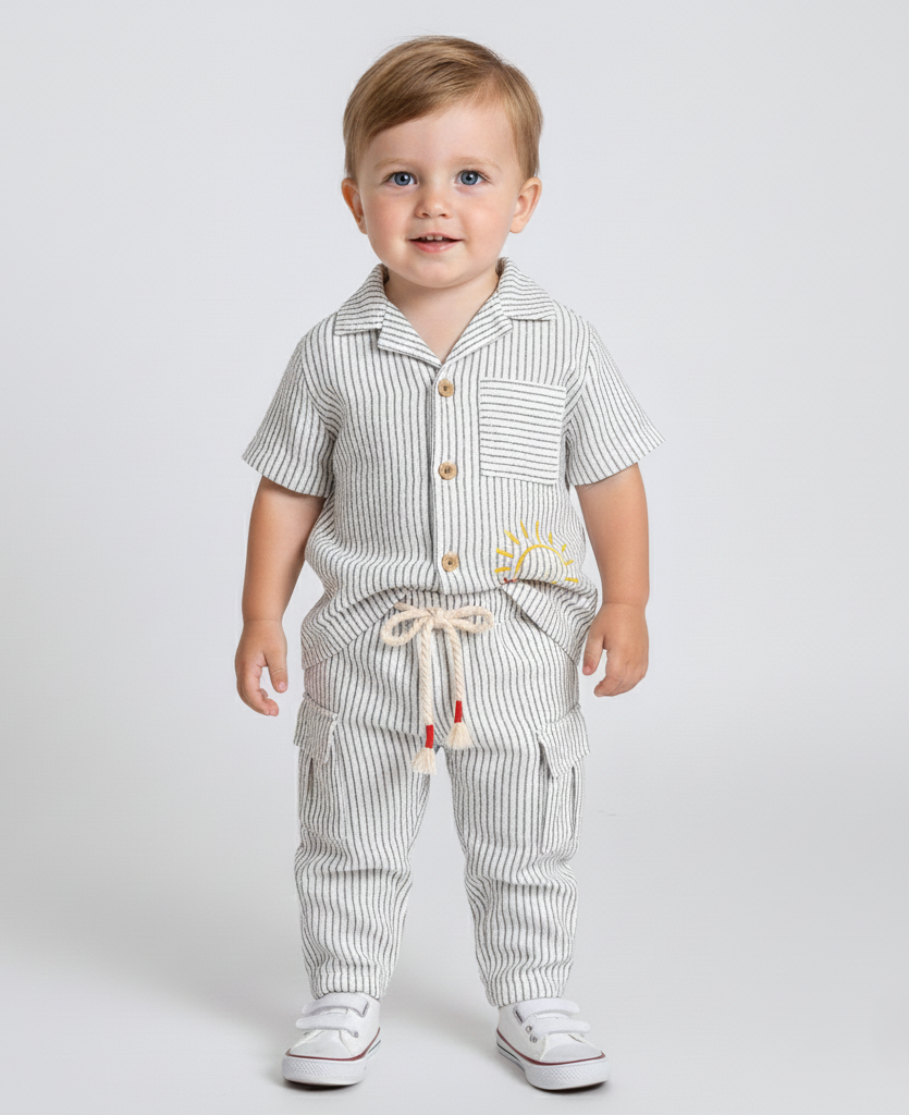 Baby boy outfit with striped shirt and cargo pants