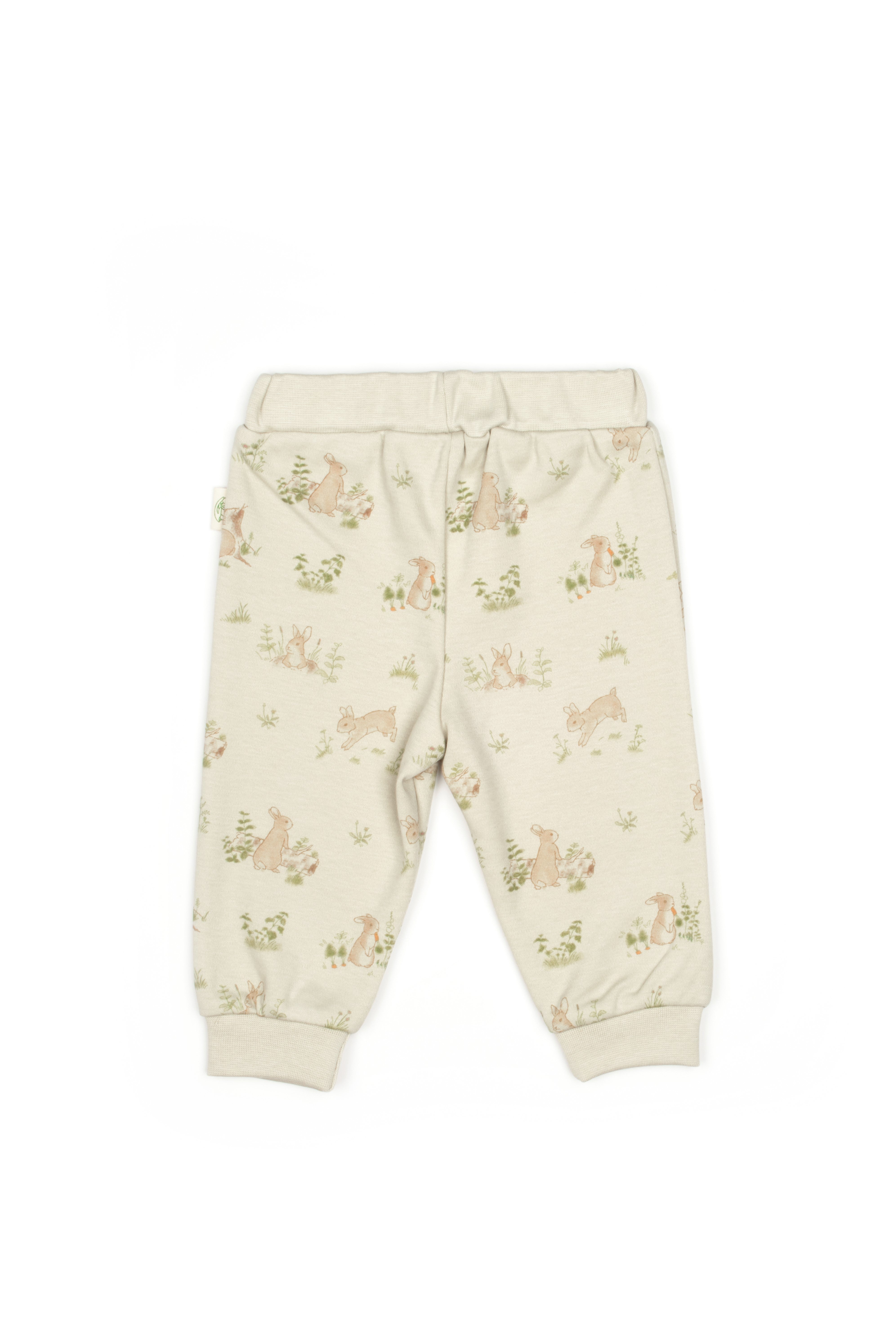 Organic cotton bunny print baby pants, breathable newborn outfit perfect for daily wear or gifting.