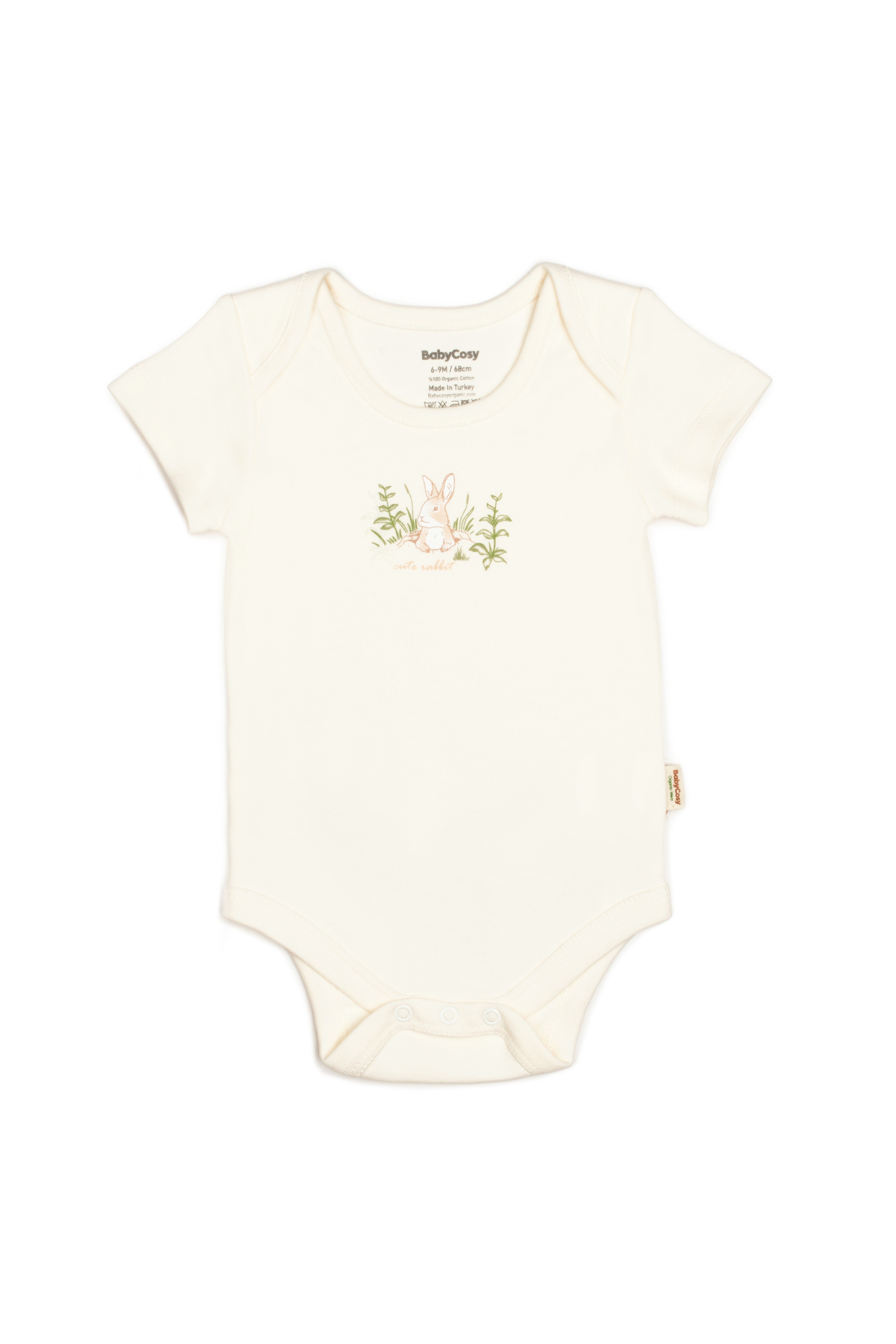 Organic cotton ecru bunny print short sleeve bodysuit, breathable outfit for newborn comfort.