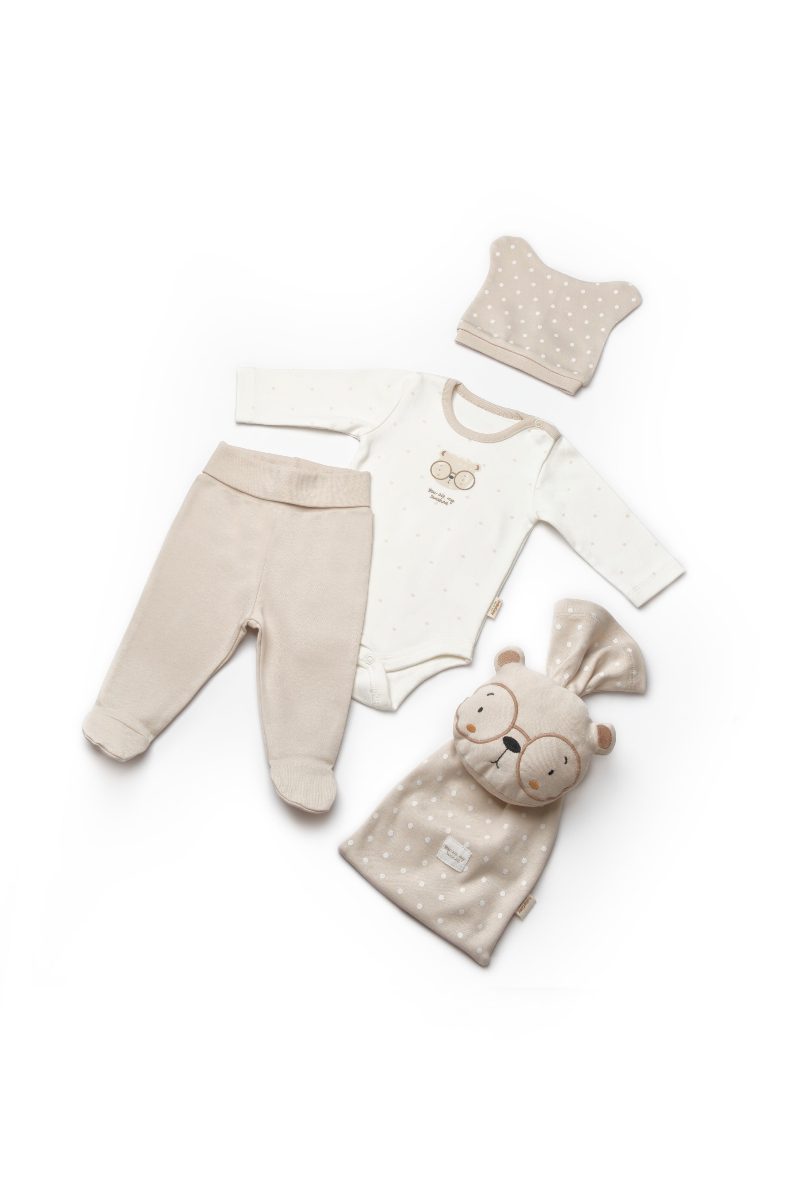Organic cotton teddy 3 pcs baby gift set, soft clothing essentials for infants and toddlers.