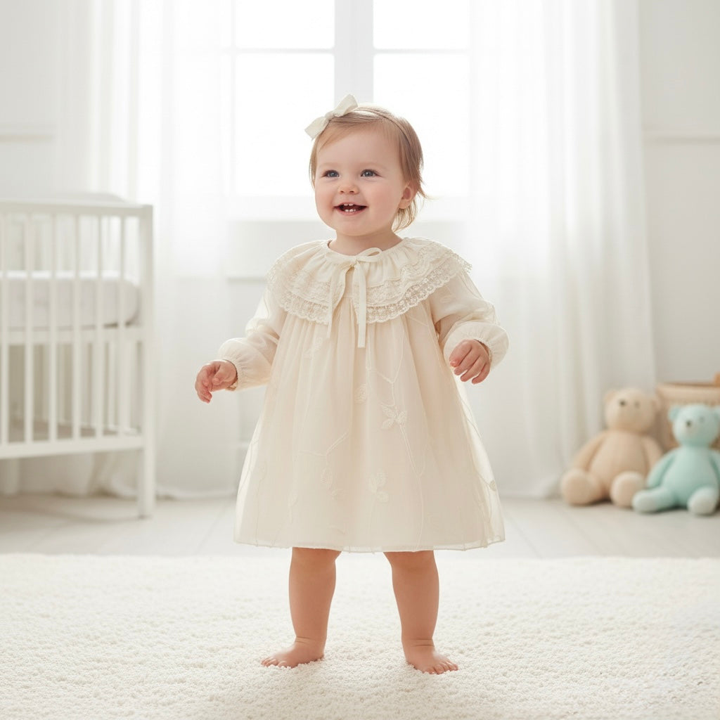 Elegant heirloom baby dress in ivory with lace details and satin bow.
