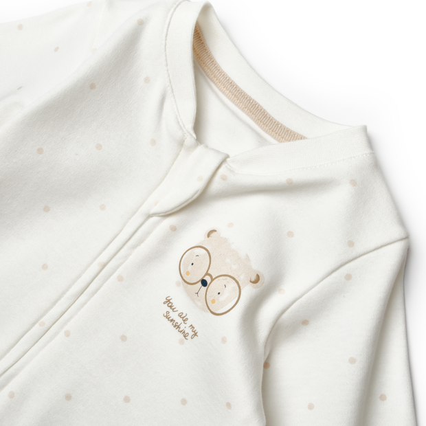 Unisex teddy ecru organic cotton onesie, durable infant clothing suitable for everyday use